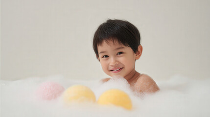 cheerful child bursts with laughter in bubbly bath filled with playful foam creating joyful atmosphere