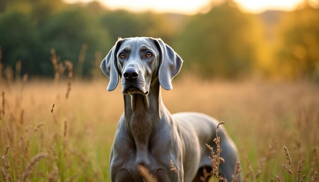 Grey weimaraner dog sits attentively in golden field. Focused hunter maintains intense concentration tracking prey outdoors. Sleek canine displays natural instinct, alertness during outdoor activity. - Powered by Adobe
