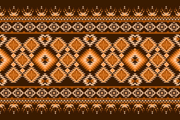 geometric ethnic textile design in warm brown, orange, and cream tones, featuring diamond and triangular motifs arranged symmetrically with a rich ethnic aesthetic. Geometric seamless vector pattern.
