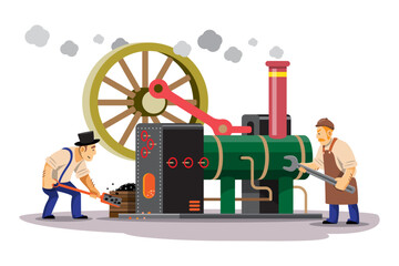 Age of industrial Revolution . People working on steam engines . Cartoon character illustration . Isolated white background . Vector .
