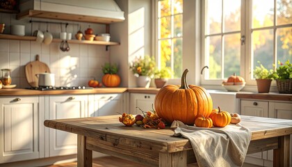 Warm Sunlight Illuminates Cozy Autumn Kitchen Displaying Large Pumpkin And Small Gourds On Rustic Wooden Table With White Cabinets And Shelves