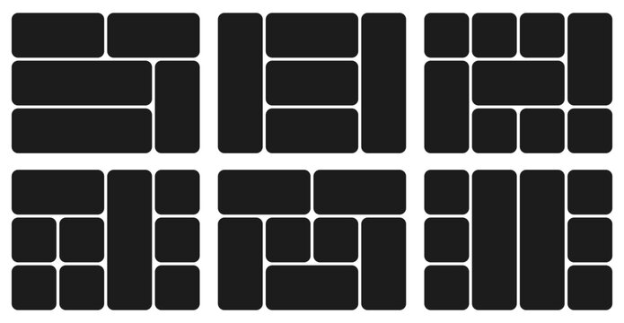 Bento grid abstract layouts with geometric tiles and rounded corners. Modern modular UI design panels, trendy web interface templates, collage frames and infographics. Vector illustration.