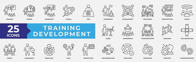 Training Development icon collection set. Containing development, learning, workshop, coach, mentor, curriculum, seminar icon. Simple line vector illustration.