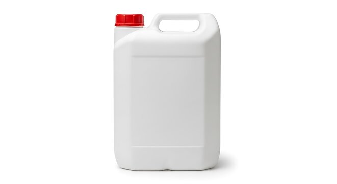 White plastic jerrycan with red cap and handle isolated on white background