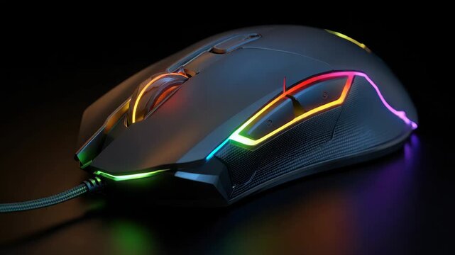 Sleek Dark Grey Gaming Mouse with Vibrant Multicolor LED Lighting on a Black Reflective Surface Featuring Ergonomic Design and Braided Cable, Offering a Modern Aesthetic