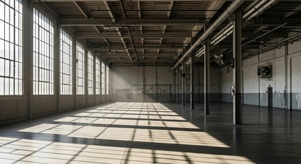 Sunlight streams through the tall windows of an empty industrial warehouse, casting long shadows across the concrete floor, highlighting the vastness and potential of the space