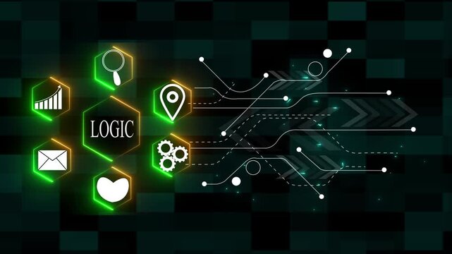 Digital Logic Diagram with Hexagonal Icons and Circuitry Pattern technology