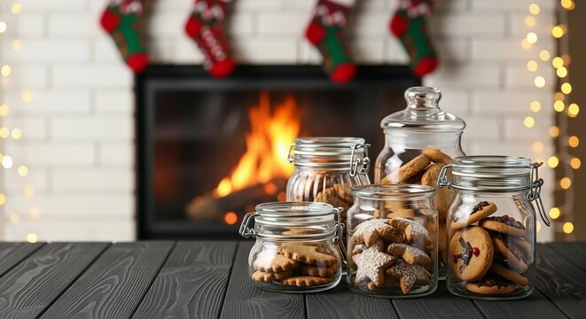 Cookies for Christmas treats on a wooden table, with a bokeh background of the fireplace (1). - Powered by Adobe