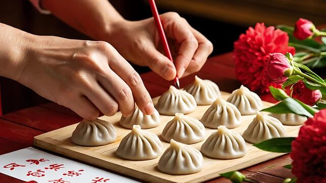 Hands shaping a row of freshly made dumplings on a wooden board decorated with red flowers and calligraphy