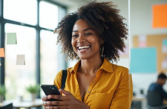 Smiling black businesswoman uses smartphone in modern office. Woman with afro hairstyle wears yellow shirt. Works in creative company with glass walls, colorful sticky notes. Female pro uses phone
