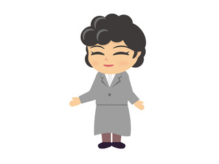 グレーのフォーマルスーツのパーマの女性