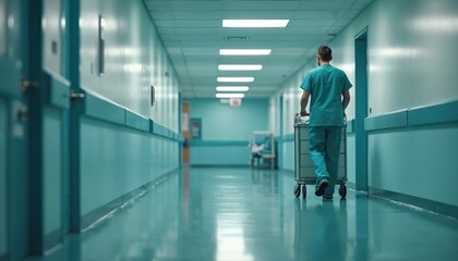 A medical worker in teal scrubs pushes a cart down a clean, bright hospital hallway. Lights reflect on the polished floor. The sterile environment suggests medical care and hygiene.