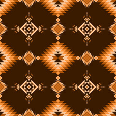 geometric ethnic textile design in warm brown, orange, and cream tones, featuring diamond and triangular motifs arranged symmetrically with a rich ethnic aesthetic. Geometric seamless vector pattern.

