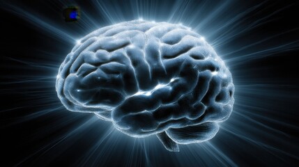 Glowing Human Brain Illustration Representing Intelligence, Thought Processes, and Neural Activity in Vibrant Light Effects