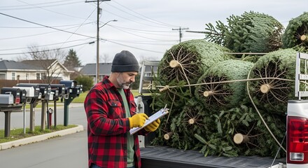 Hardworking man in a beanie and plaid shirt diligently reviews a clipboard, managing the inventory of bundled evergreen trees in his pickup truck for seasonal sales