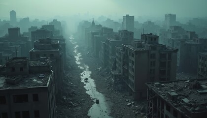 Gloomy aerial view destroyed city street with ruins, broken buildings. Post apocalyptic cityscape damaged by war conflict. Dark debris, rubble fill urban environment under overcast sky in fog.