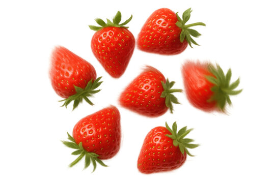 Fresh strawberries falling, ripe red berries with green leaves, healthy natural fruit on transparent background - Powered by Adobe
