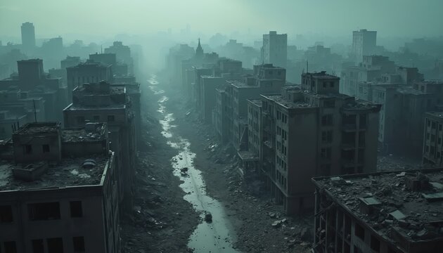 Gloomy aerial view destroyed city street with ruins, broken buildings. Post apocalyptic cityscape damaged by war conflict. Dark debris, rubble fill urban environment under overcast sky in fog.