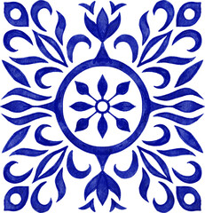 Hand drawn watercolor illustration with blue white azulejo Portuguese ceramic traditional tiles. Ethnic portugal geomentric indigo repeated wall floor ornament. Arabic ornamental background drawing.