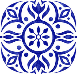 Hand drawn watercolor illustration with blue white azulejo Portuguese ceramic traditional tiles. Ethnic portugal geomentric indigo repeated wall floor ornament. Arabic ornamental background drawing.