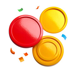Glossy, colorful coins with celebratory confetti against a black background