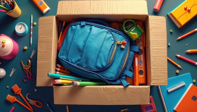 Cardboard box filled with blue backpack and colorful school supplies like pens pencils and crayons. Open donation container with study materials. Ready for back to school.