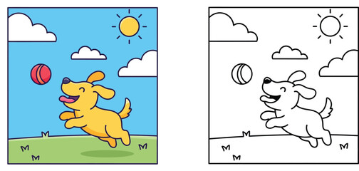  Happy Cartoon Puppy Leaping for a Ball Under a Sunny Sky - Dynamic Coloring Page