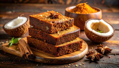 Stack Of Saffron Paneer Sweets With Pistachio Center Garnished With Star Anise And Cinnamon On A Wooden Board With Coconut Halves And Spices In Background