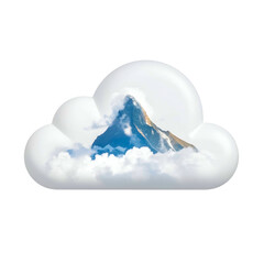 Mountain peak emerging from a fluffy cloud-shaped icon, isolated on black