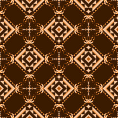 geometric ethnic textile design in warm brown, orange, and cream tones, featuring diamond and triangular motifs arranged symmetrically with a rich ethnic aesthetic. Geometric seamless vector pattern.

