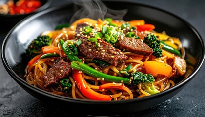 Steaming Beef and Vegetable Stir Fry Noodles in a Black Bowl with Sesame Seeds and Scallions