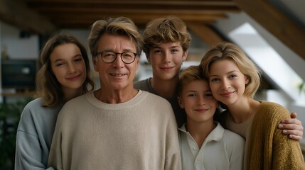 Mature couple renewing their vows surrounded by children and grandchildren in a cozy family setting, capturing multi-generational family love, lasting marriage bonds, and senior relationship