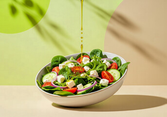 Fresh Greek Salad with Feta Cheese and Vegetables Drizzled with Olive Oil in a Tilted White Bowl