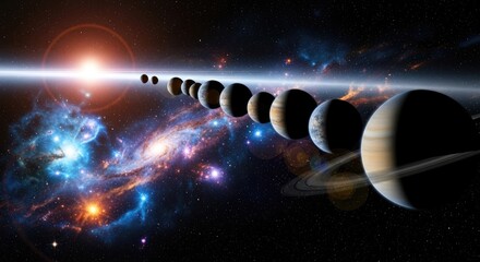 A stunning cosmic ballet unfolds as planets align in a celestial river, illuminated by a distant star against a backdrop of swirling nebulae and stardust