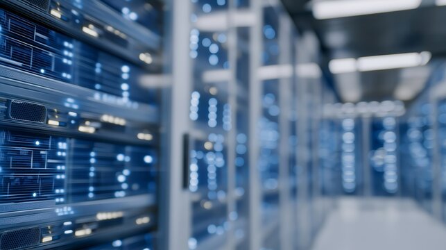 Futuristic data center with racks of quantum processors glowing with neon circuitry, showing high-tech computing infrastructure, next-gen quantum hardware, and AI research environment. cinematic