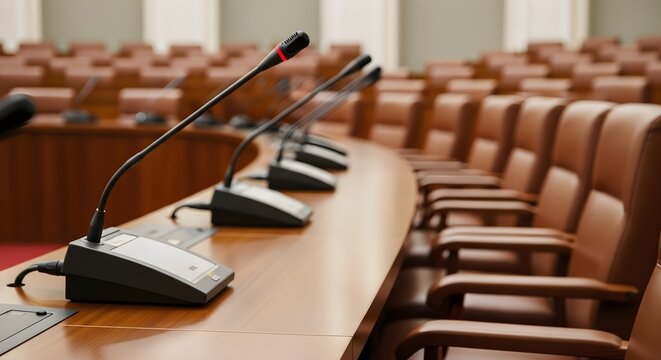 Empty conference room with microphones and chairs ready for a formal meeting. - Powered by Adobe