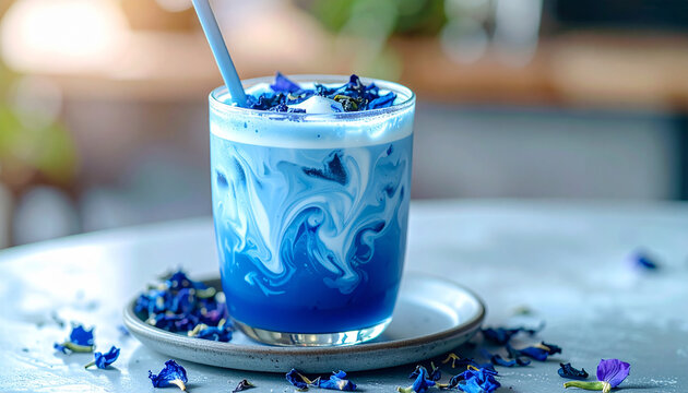 Blue tea matcha latte in glass with straw, dried butterfly pea flowers and tea tree leaves with milk