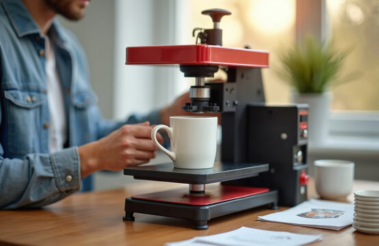 Person using a mug press machine in workshop. Man makes custom ceramic mugs with sublimation tech. Device prints images onto cups for promotional items. Workshop table with a white cup in the process.