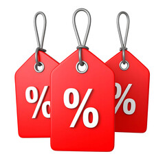Three red sale tags with white percentage signs, hanging by shiny silver loops