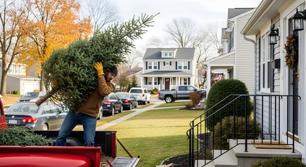 Man unloading fresh Christmas tree from a red pickup truck on a suburban street, bringing festive cheer home for the holidays