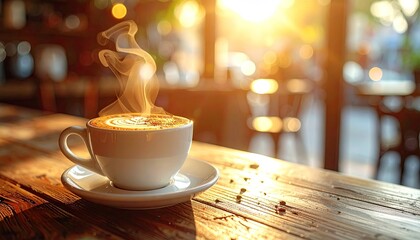 Steaming Cup Of Coffee On A Wooden Table With Golden Sunlight And Bokeh Background A Warm Morning Scene
