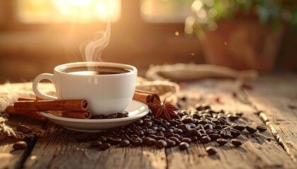 Steaming cup of coffee with cinnamon sticks and roasted beans on rustic wooden table bathed in warm morning sunlight with blurred green plants in background