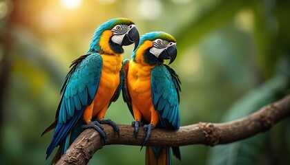 Obraz premium Two vibrant macaw parrots perched on green branch, brilliant colors against blurred natural backdrop. Birds bright blue, yellow feathers, black beaks, sharp claws. Sitting close together, facing in