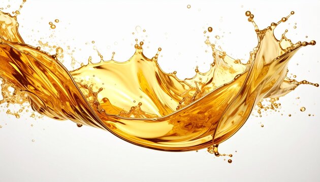 白背景にダイナミックに波打つ黄金色の液体。ビール、油、蜂蜜の流れるようなスプラッシュと水面