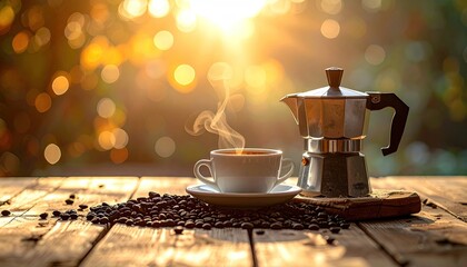 Steaming hot coffee in a white cup next to a moka pot and scattered coffee beans on a rustic wooden surface with a bright sunlit blurred background of greenery and bokeh lights