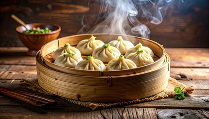 Steaming Hot Dumplings Arranged in a Bamboo Steamer Basket on a Rustic Wooden Table with Chopsticks and a Small Bowl of Garnish