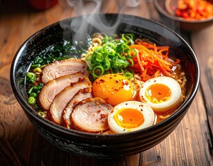 Steaming hot ramen bowl with sliced pork eggs and green onions on a wooden table