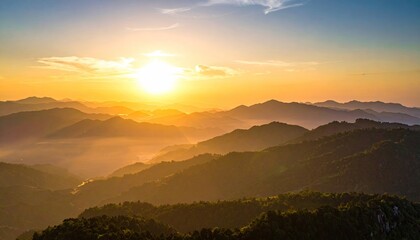 Golden Sunrise Over Hazy Mountain Ranges With Distant City Silhouettes And Lush Green Forests Below In Warm Sunlight