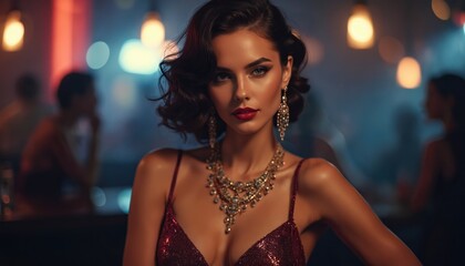 Attractive woman poses in bar. Stylish lady wearing red dress jewellery has perfect makeup. Nightlife portrait of elegant female in nightclub. Confident young woman looks at camera.