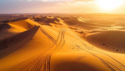 Golden Sand Dunes At Sunset With Dramatic Sky And Tire Tracks Leading Across The Landscape